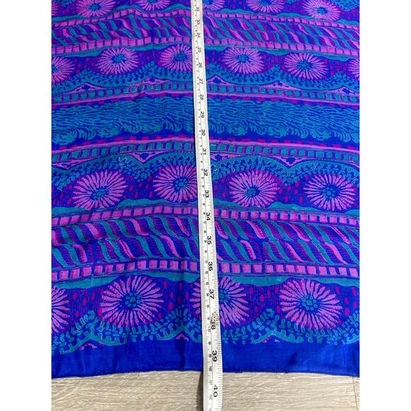 Vintage Silky Semi Sheer Royal Blue Purple Square Scarf- 39x39"- flowers - Picture 5 of 6